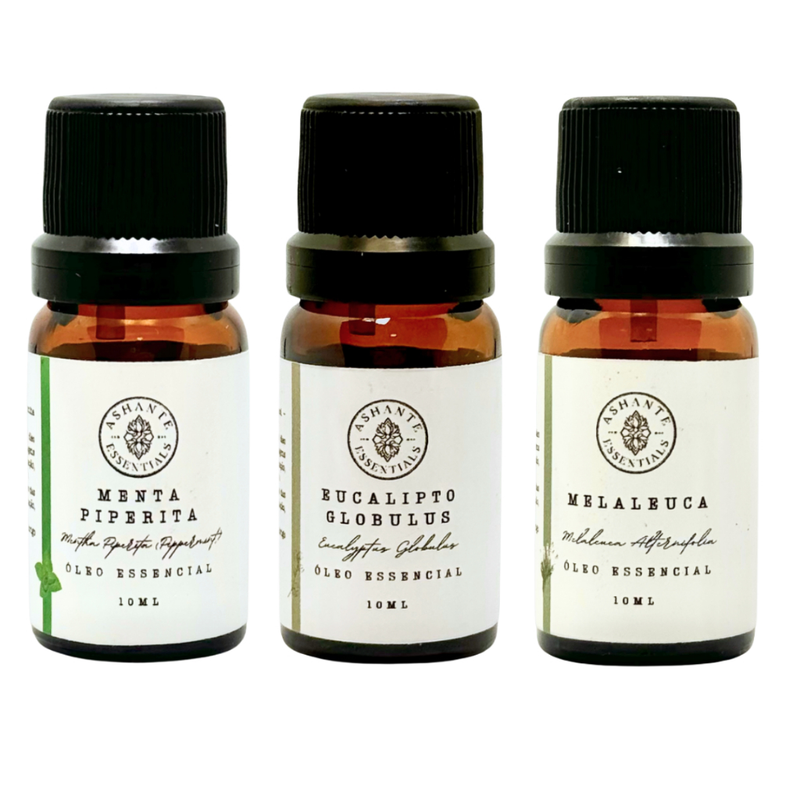 Kit 3 Oleos Essenciais Respiração Menta Piperita Eucalipto Melaleuca Vegano Puro Ashante Essentials
