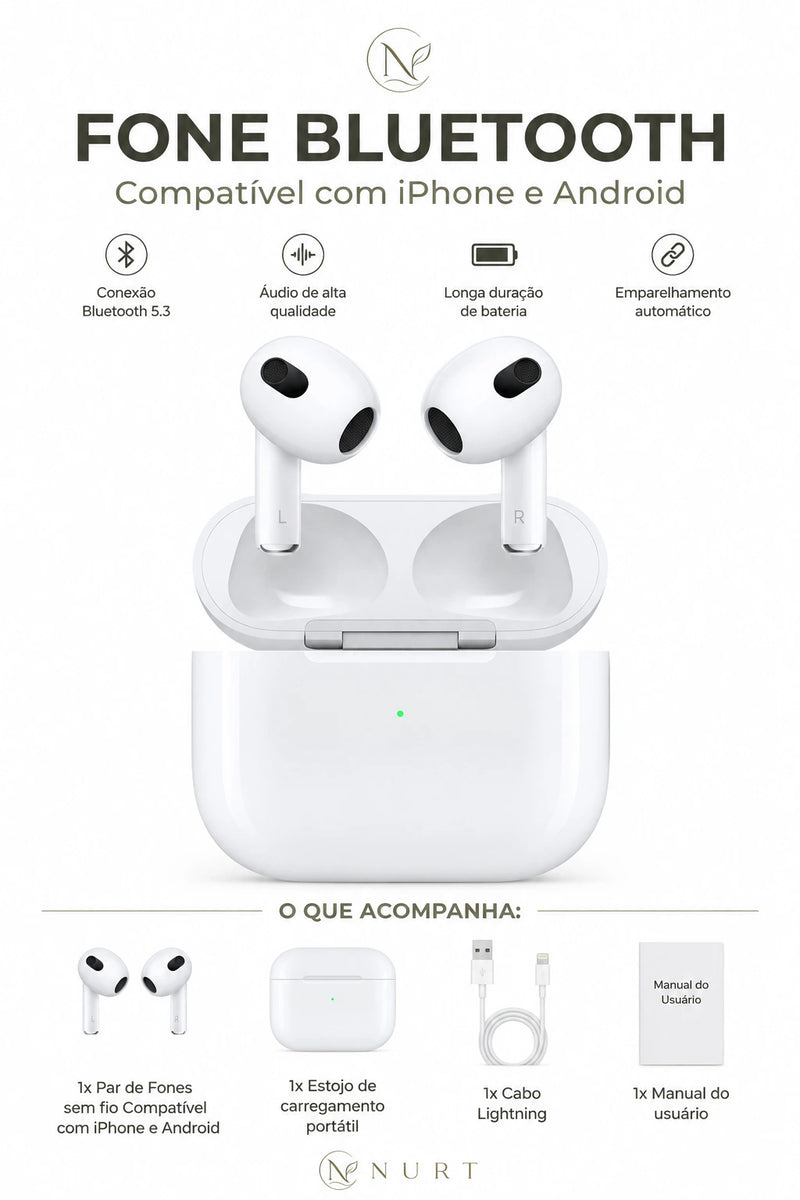 Fone Bluetooth Compatível com iPhone e Android