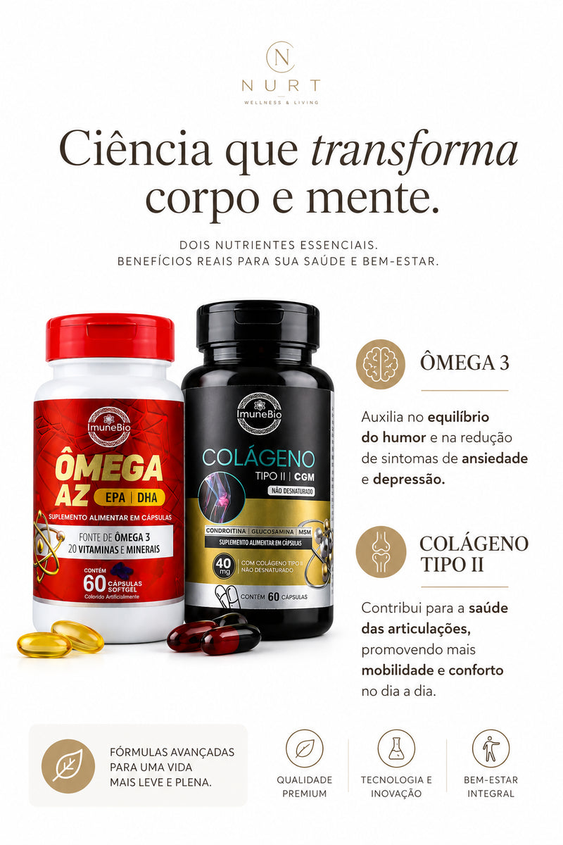 KIT 1 Ômega 3 A-Z - 20 Vitaminas e Minerais + EPA DHA + 1 Colágeno Tipo 2 + CGM